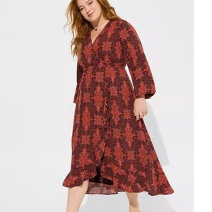 Torrid Plus Size 1 Red Midi Ruffle Surplice Dress Long Sleeve Casual